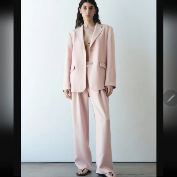 Linen blend suit blazer and pleated pants pink Zara size XS - Picture 4 of 7
